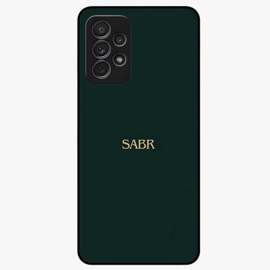 Sabr Minimal Patience Glass Case showing flat back view with minimalist typography artwork and glossy glass finish.