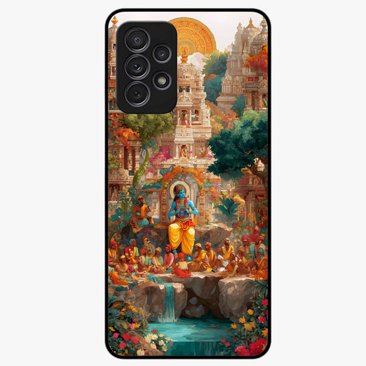 Sacred Sunlight Gods Glass Case showing flat back view with divine sunlight themed artwork and glossy glass finish.