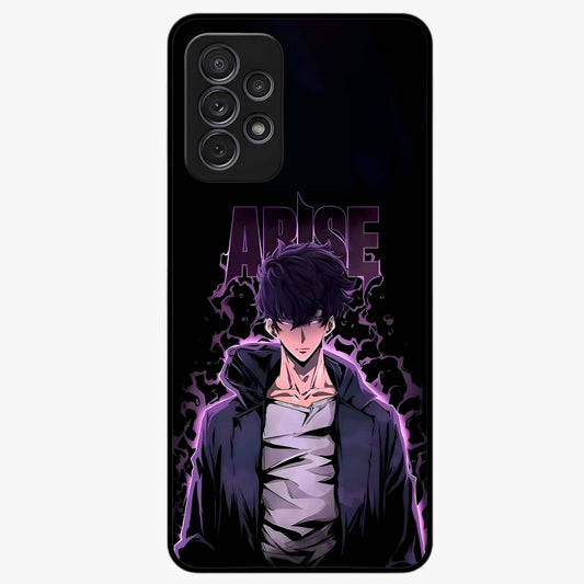 Shadow Monarch Awakening Glass Case showing flat back view with powerful dark monarch themed artwork and glossy glass finish.