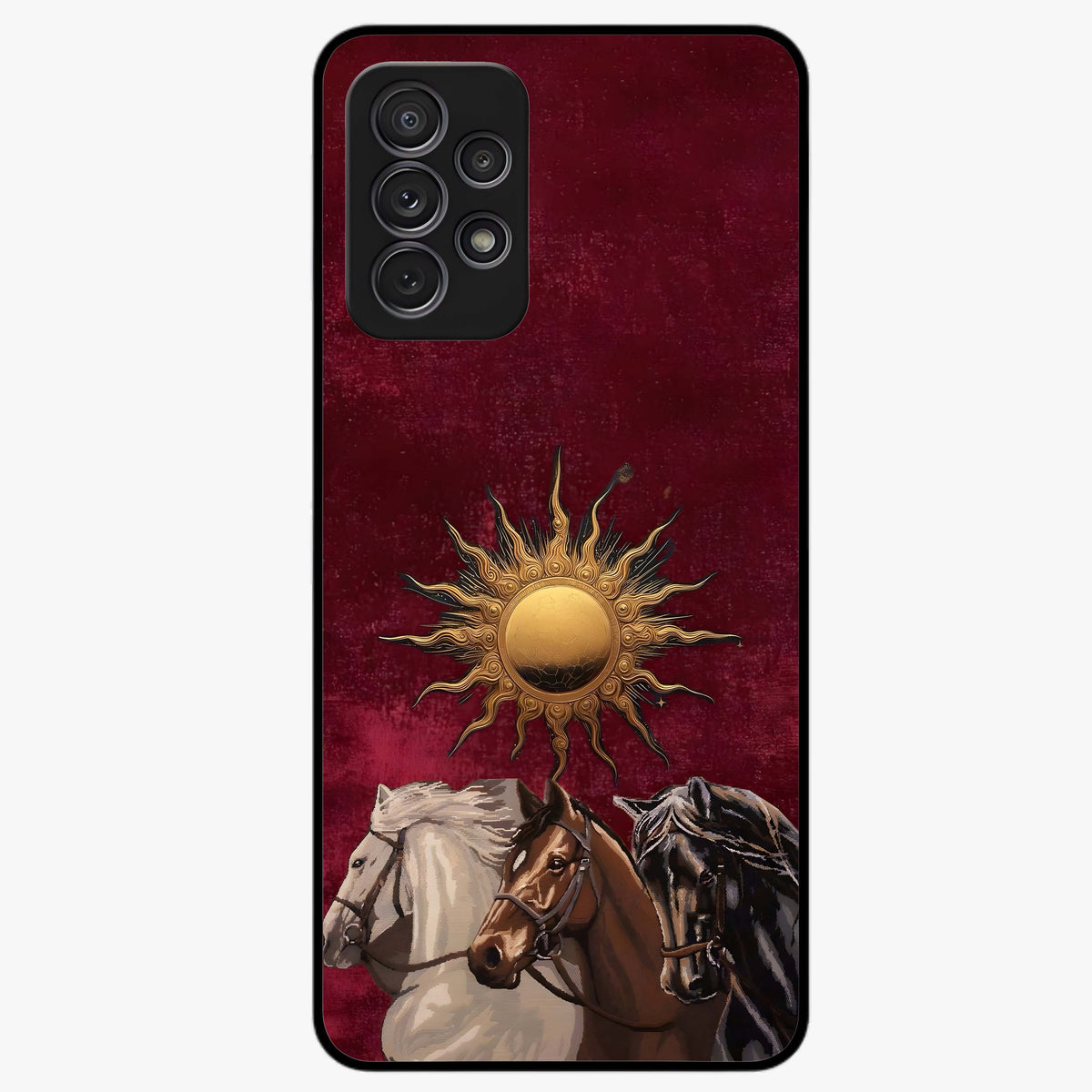 Solar Riders Glass Case showing flat back view with dynamic rider themed artwork and glossy glass finish.