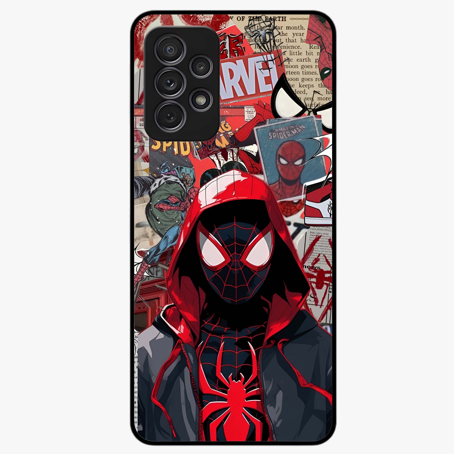 Spider Collage Street Glass Case showing flat back view with vibrant superhero collage artwork and glossy glass finish.
