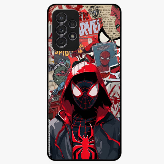 Spider Collage Street Glass Case showing flat back view with vibrant superhero collage artwork and glossy glass finish.