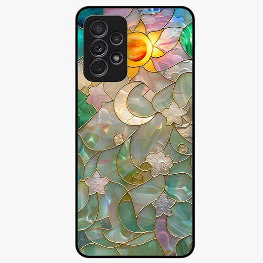 Stained Sunrise Glow Glass Case showing flat back view with glowing sunrise stained pattern artwork and glossy glass finish.