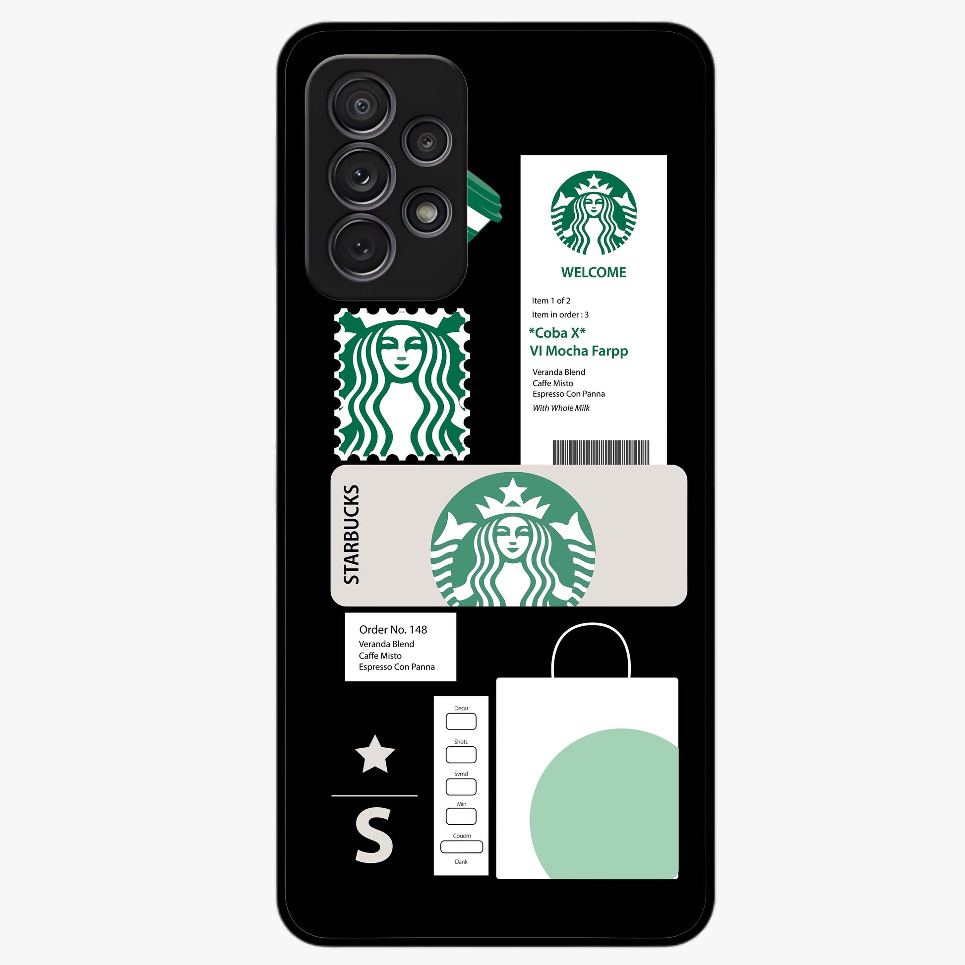 Starbucks Mocha Glass Case showing flat back view with coffee inspired artwork and glossy glass finish.