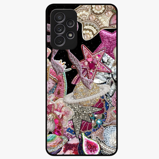 Starlit Jewel Dream Glass Case showing flat back view with sparkling jewel and star themed artwork and glossy glass finish.