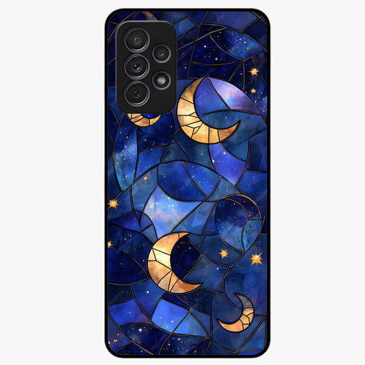 Starlit Sky Tapestry Glass Case showing flat back view with decorative starry sky tapestry artwork and glossy glass finish.