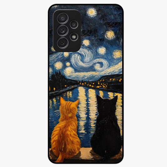 Starry River Cats Glass Case showing flat back view with cats by a starry river artwork and glossy glass finish.