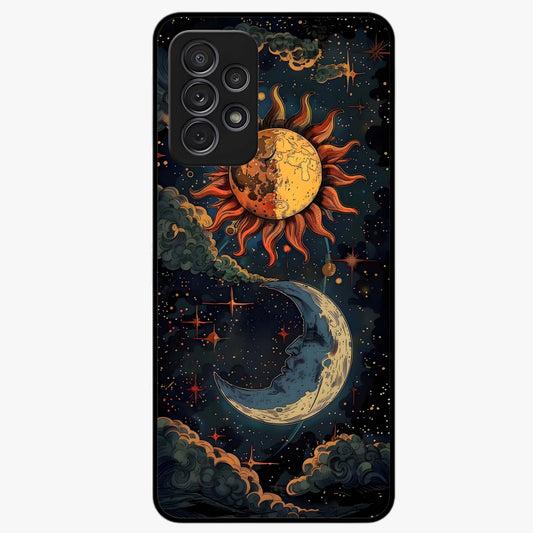 Sun And Moon Magic Design Glass Case showing flat back view with mystical sun and moon artwork and glossy glass finish.