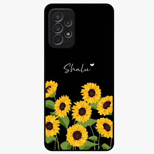 Sunflower Chic Mood Custom Name Glass Case showing flat back view with stylish sunflower artwork and personalized name design.