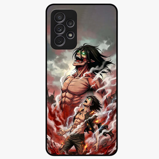 Titan Awakening Fury Glass Case showing flat back view with powerful titan inspired artwork and glossy glass finish.
