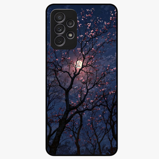 Twilight Sakura Serenade Glass Case showing flat back view with cherry blossom artwork at twilight and glossy glass finish.