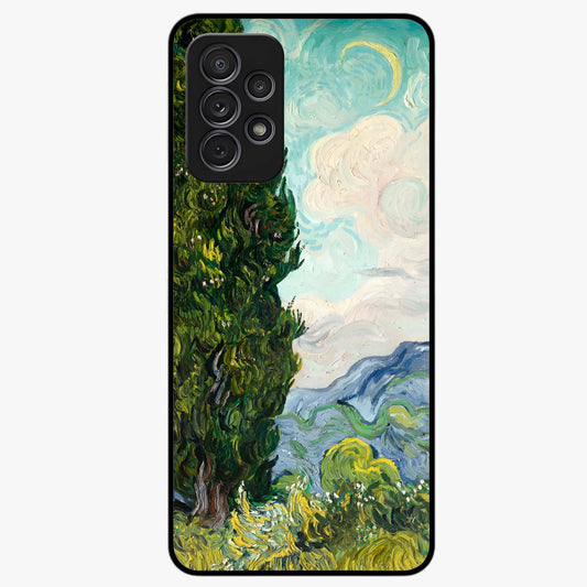 Van Gogh Vintage Art Glass Case showing flat back view with vintage painterly artwork inspired by Van Gogh style and glossy glass finish.