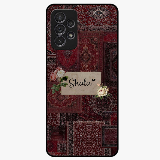Velvet Wine Pattern Custom Name Glass Case showing flat back view with elegant wine colored pattern artwork and personalized name design.