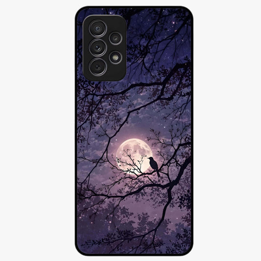 Whispering Moon Silence Glass Case showing flat back view with serene moon themed artwork and glossy glass finish.