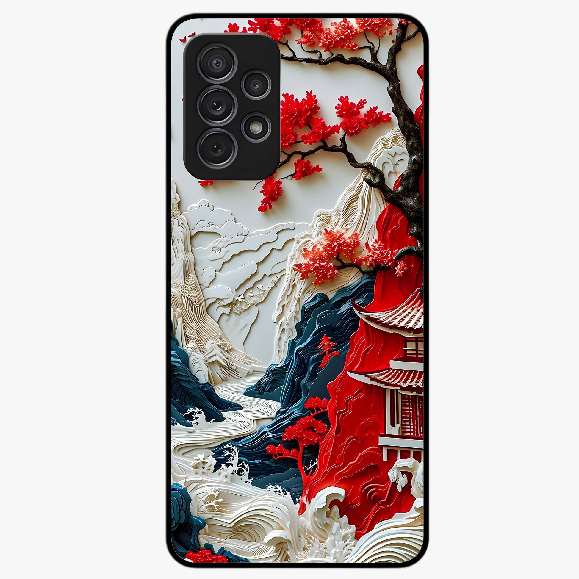 Whispers Of Sakura Waves Glass Case showing flat back view with cherry blossom wave artwork and glossy glass finish.