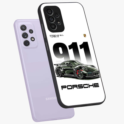 911 Turbo Dominance Glass Case displayed in premium angled mockup highlighting sporty car illustration and sleek glass surface.