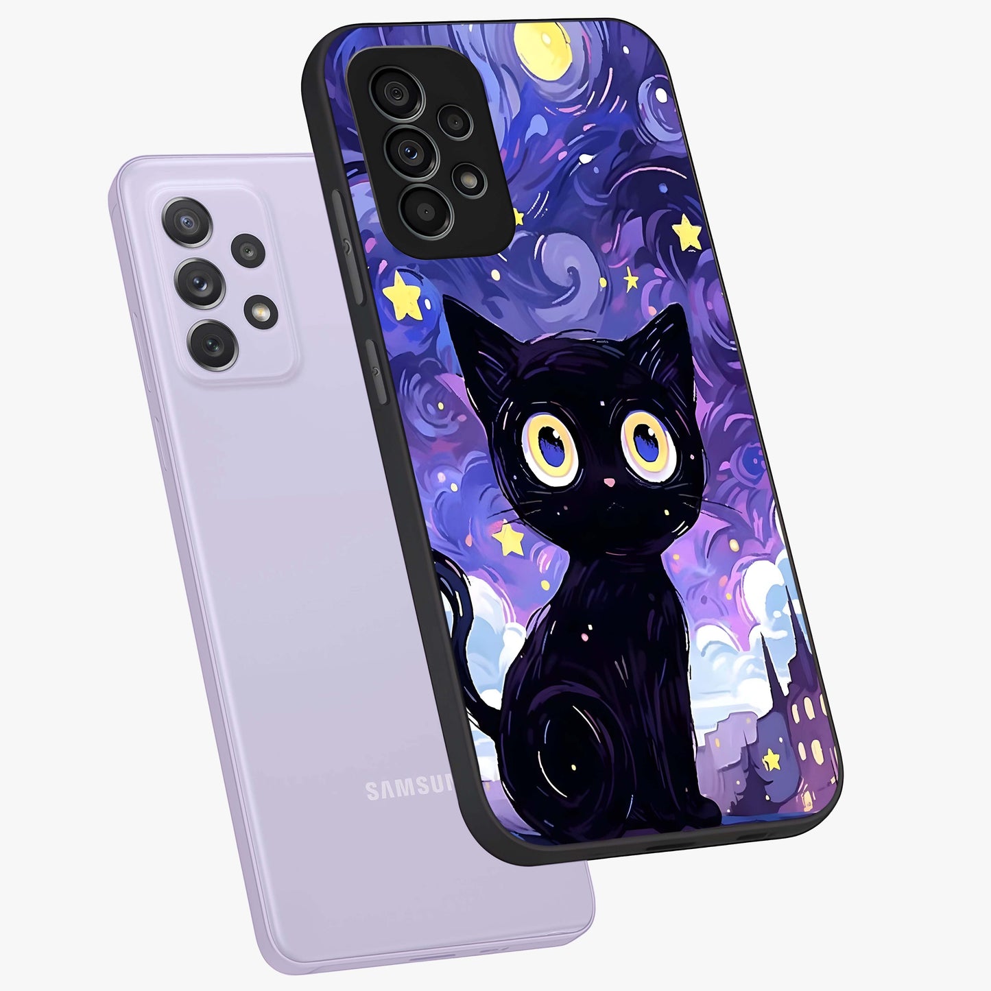 Abstract Cat Art Glass Case displayed in angled mockup highlighting modern abstract cat artwork and sleek glass surface.