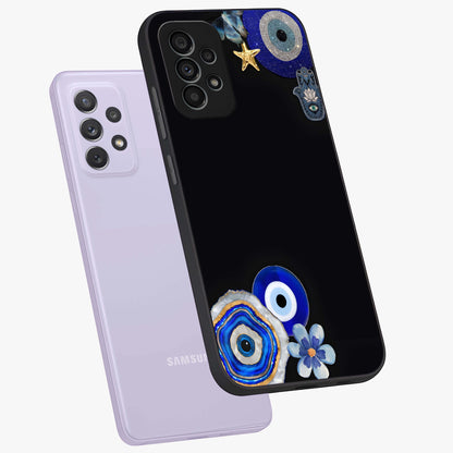 Aesthetic Blue Evil Eye Glass Case displayed in angled mockup highlighting blue evil eye symbol and spiritual aesthetic design.
