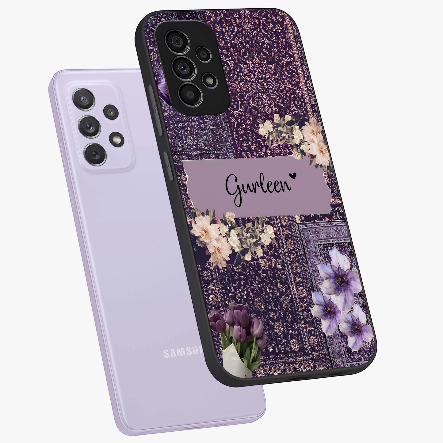 Antique Floral Whisper Custom Name Glass Case displayed in angled mockup highlighting elegant antique floral aesthetic.