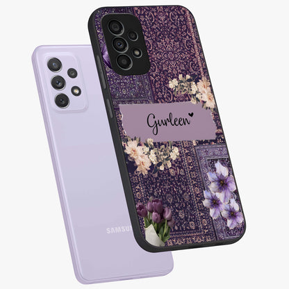 Antique Floral Whisper Custom Name Glass Case displayed in angled mockup highlighting elegant antique floral aesthetic.