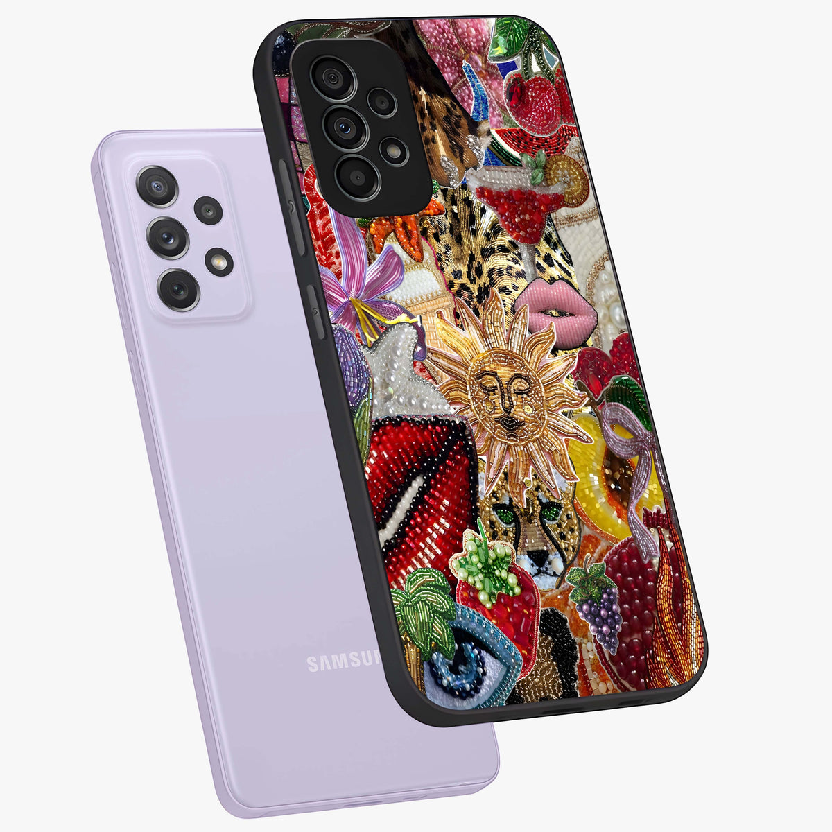 Beaded Fashion Jungle Glass Case displayed in angled mockup highlighting colorful fashion bead design and artistic pattern.