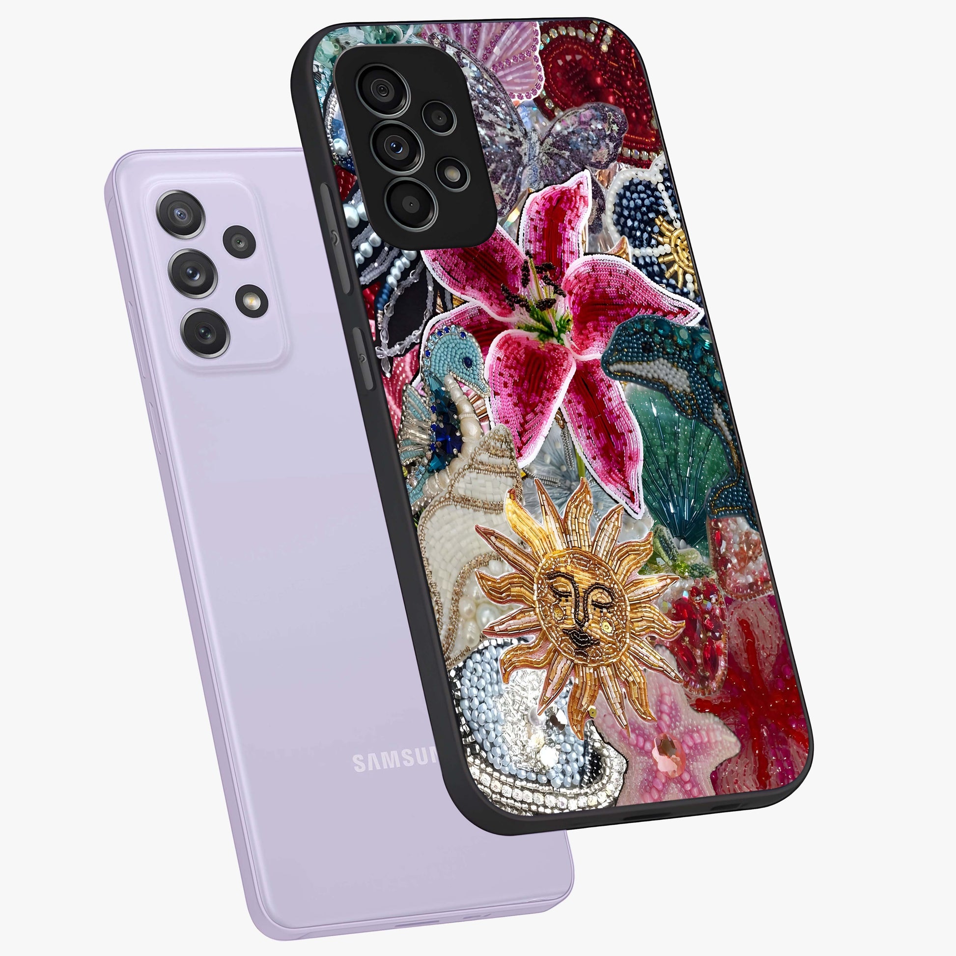 Beaded Garden Fantasy Glass Case displayed in angled mockup highlighting fantasy inspired floral bead pattern.