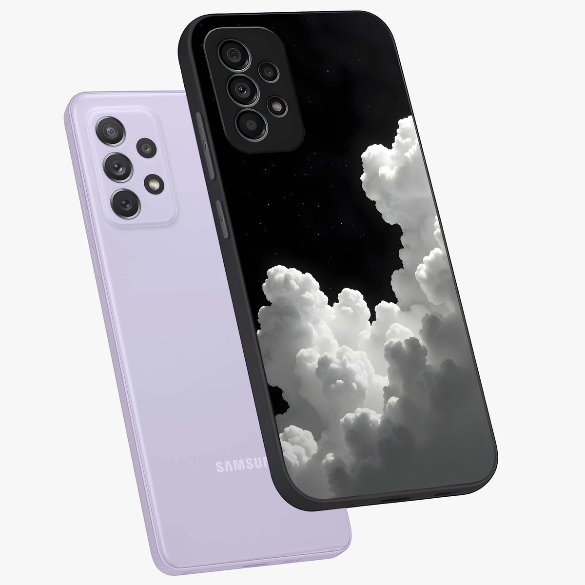 Black Background With White Cloud Glass Case displayed in angled mockup highlighting soft white cloud illustration and minimal design.