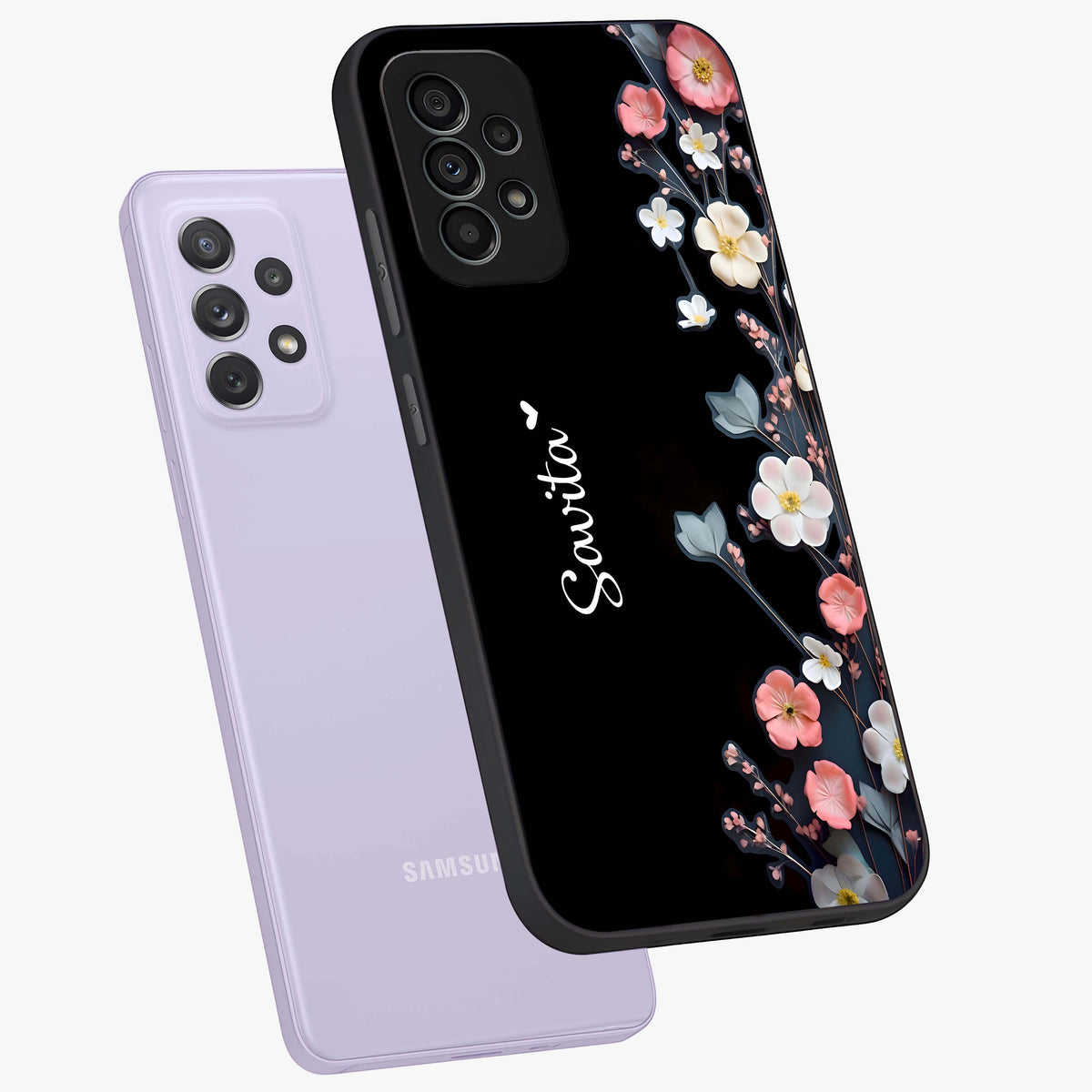 Black Elegance Floral Custom Name Glass Case displayed in angled mockup highlighting dark floral aesthetic and custom name feature.
