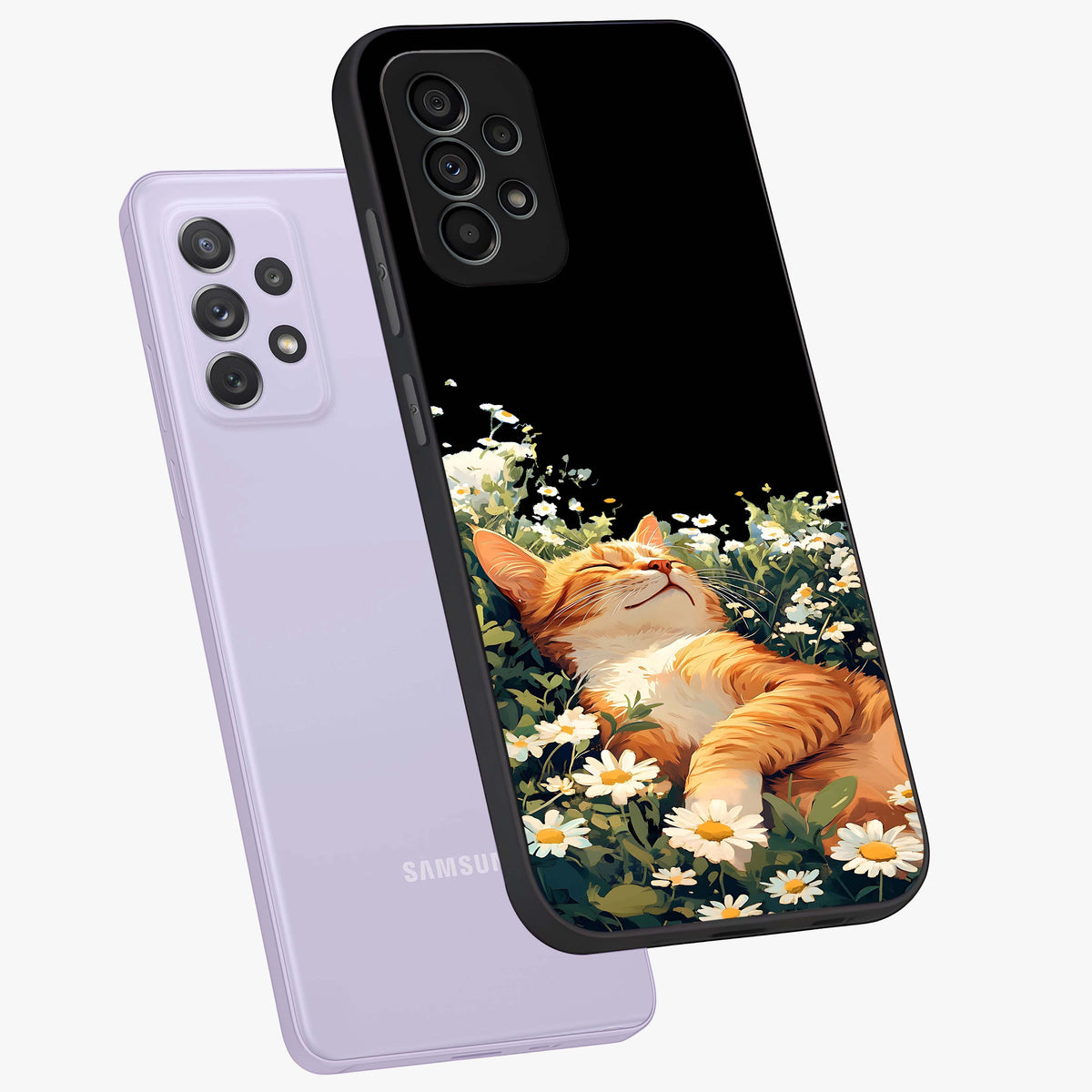 Blissful Bloom Cat Glass Case displayed in angled mockup highlighting playful feline illustration with soft floral aesthetic.