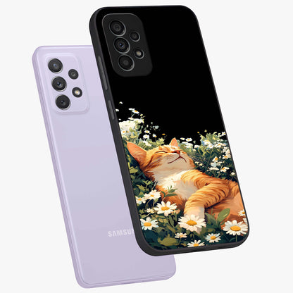 Blissful Bloom Cat Glass Case displayed in angled mockup highlighting playful feline illustration with soft floral aesthetic.