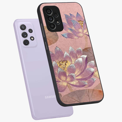 Blossom Mist Lotus Glass Case displayed in angled mockup highlighting delicate lotus illustration with calm aesthetic theme.