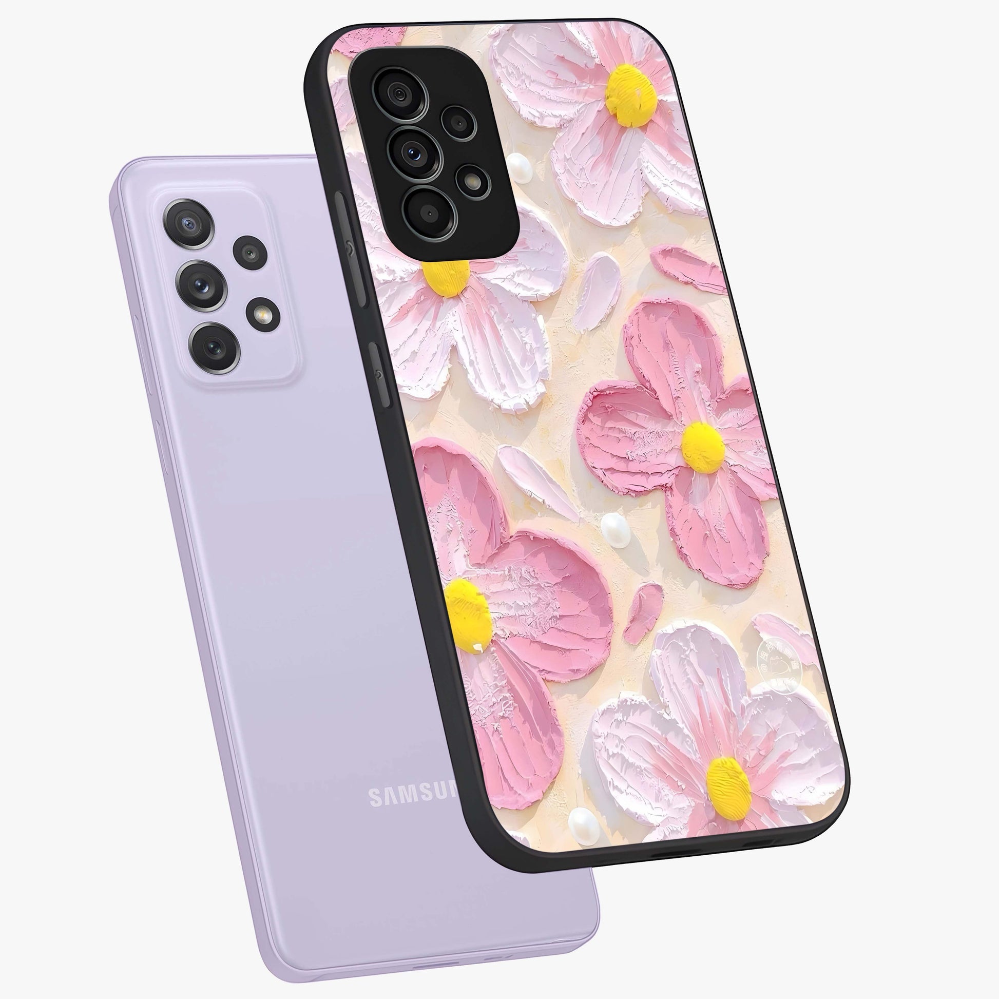 Blush Bloom Texture Glass Case displayed in angled mockup highlighting subtle bloom pattern with aesthetic pastel design.