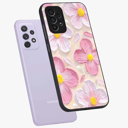 Blush Bloom Texture Glass Case displayed in angled mockup highlighting subtle bloom pattern with aesthetic pastel design.