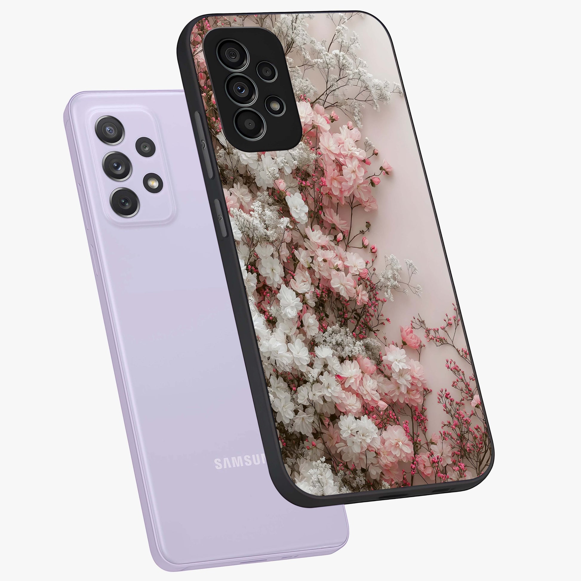 Blush Blossom Cloud Glass Case displayed in angled mockup highlighting soft cloud and blossom design with pastel aesthetic.