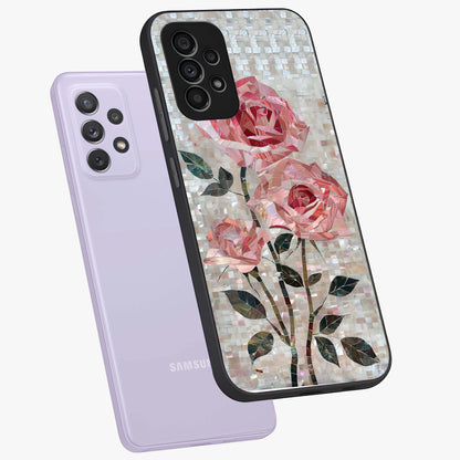 Blush Mosaic Bloom Glass Case displayed in angled mockup highlighting artistic mosaic flower pattern with aesthetic design.