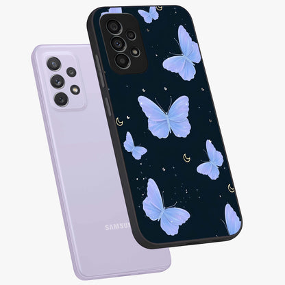 Butterfly With Stars Pattern Glass Case displayed in angled mockup highlighting dreamy butterfly and star design with aesthetic theme.