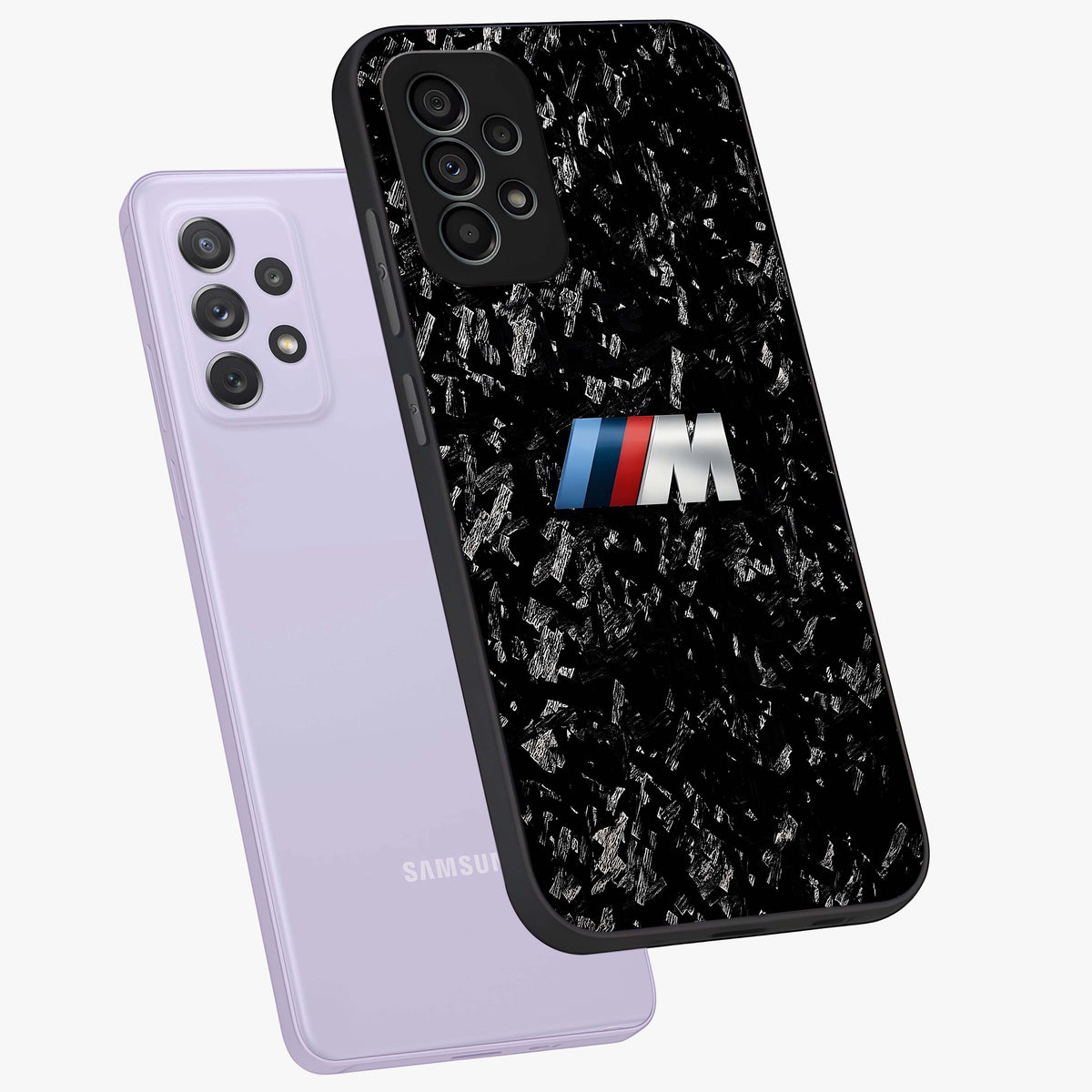 Carbon Speed Mark Glass Case displayed in angled mockup highlighting racing inspired carbon design and sleek aesthetic style.