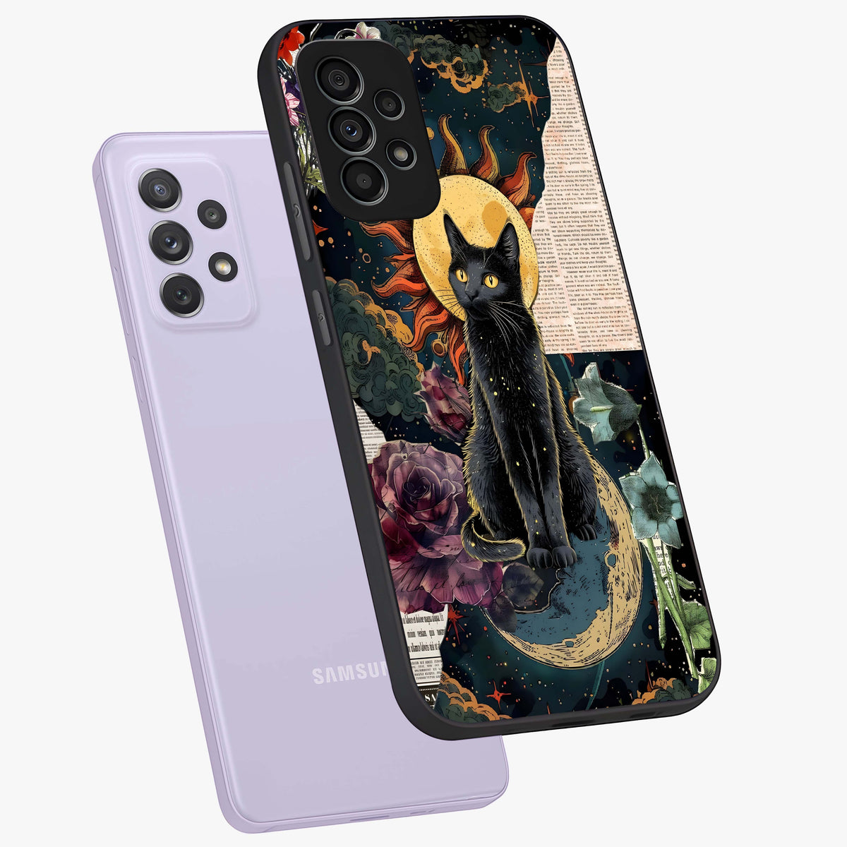 Celestial Black Cat Glass Case displayed in angled mockup highlighting cosmic black cat design with celestial aesthetic.