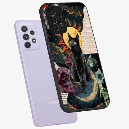 Celestial Black Cat Glass Case displayed in angled mockup highlighting cosmic black cat design with celestial aesthetic.