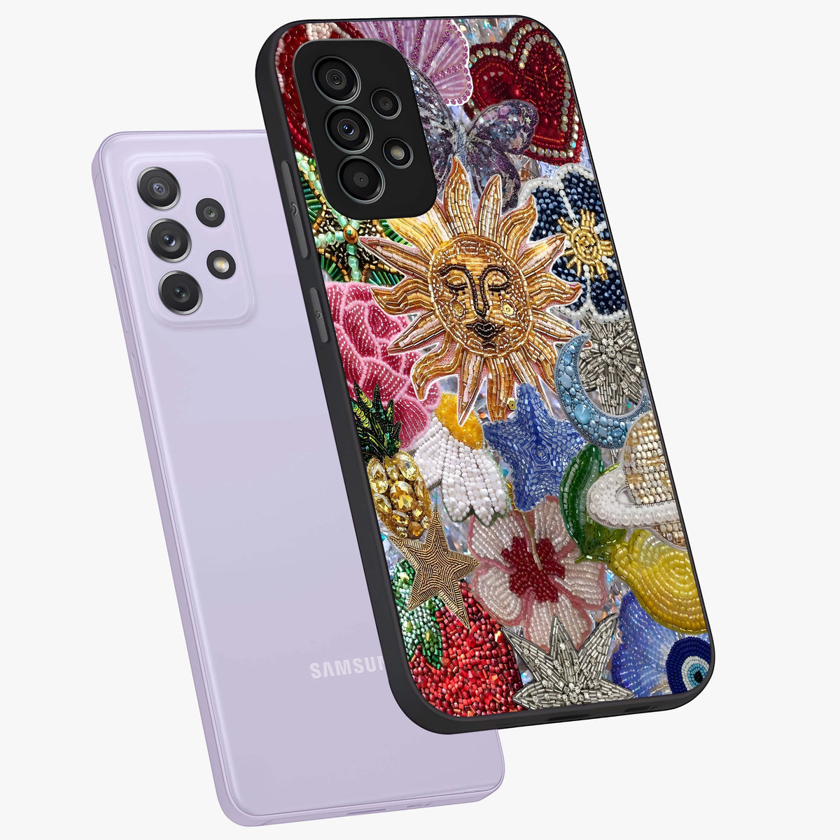 Celestial Floral and Playful Glass Case displayed in angled mockup highlighting playful floral design with dreamy celestial elements.