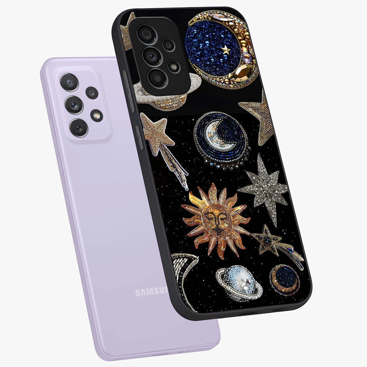 Celestial Gem Constellations Glass Case displayed in angled mockup highlighting gemstone inspired constellation design.