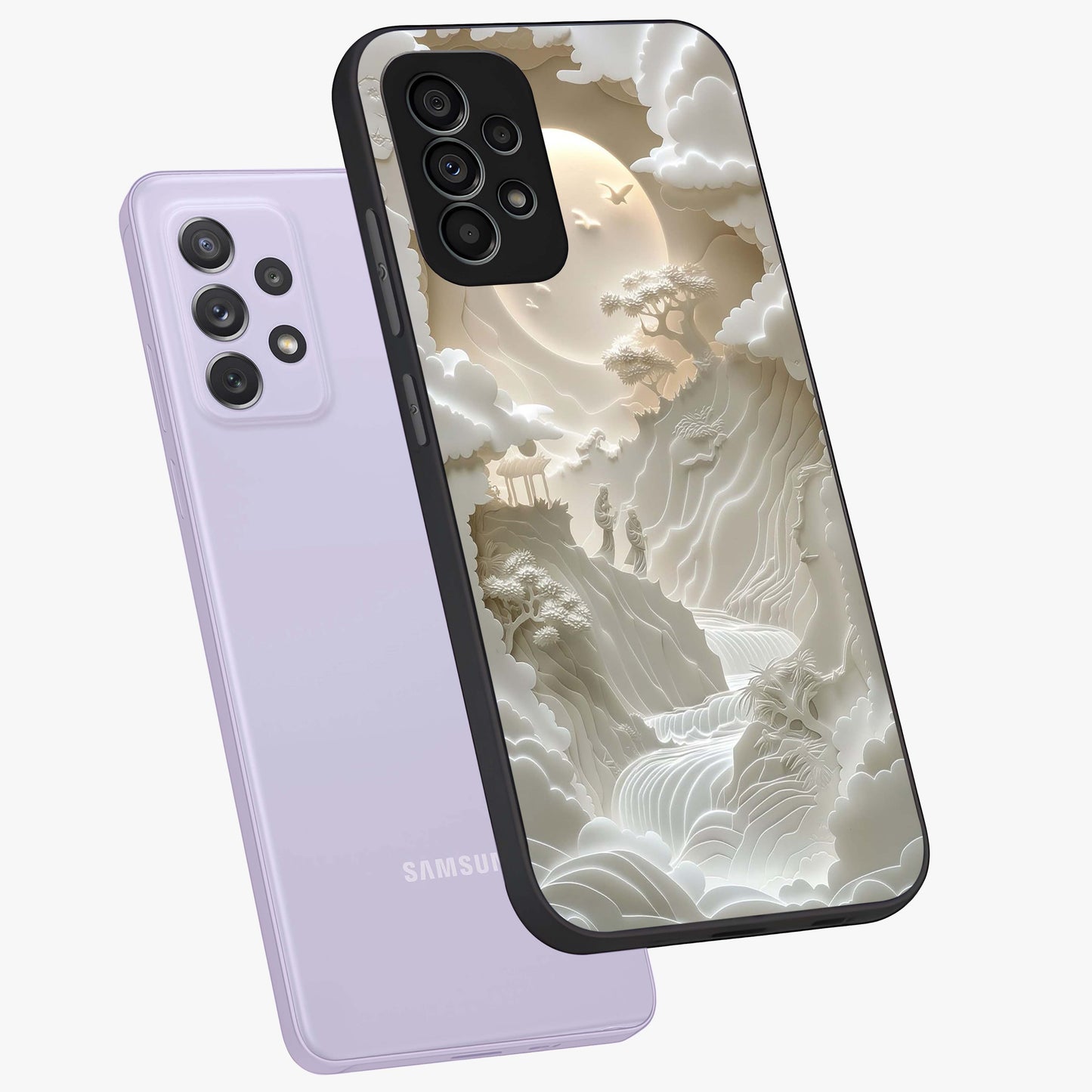 Celestial Origami Glass Case displayed in angled mockup highlighting geometric origami design with cosmic aesthetic theme.