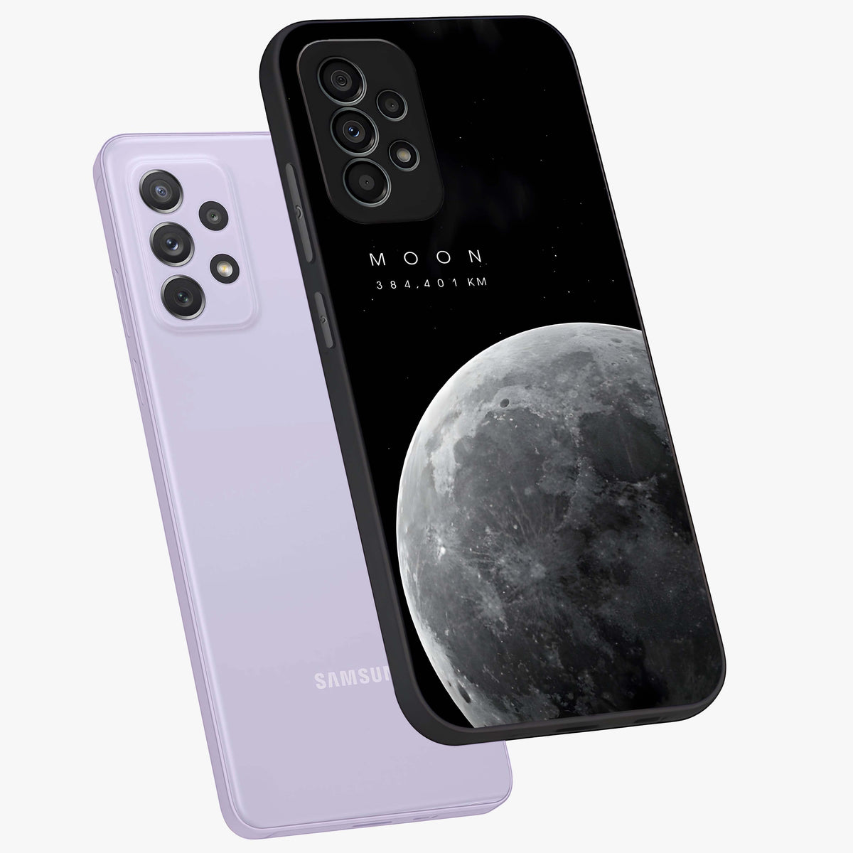 Cosmic Moon Glow Glass Case displayed in angled mockup highlighting celestial moon design with cosmic aesthetic theme.