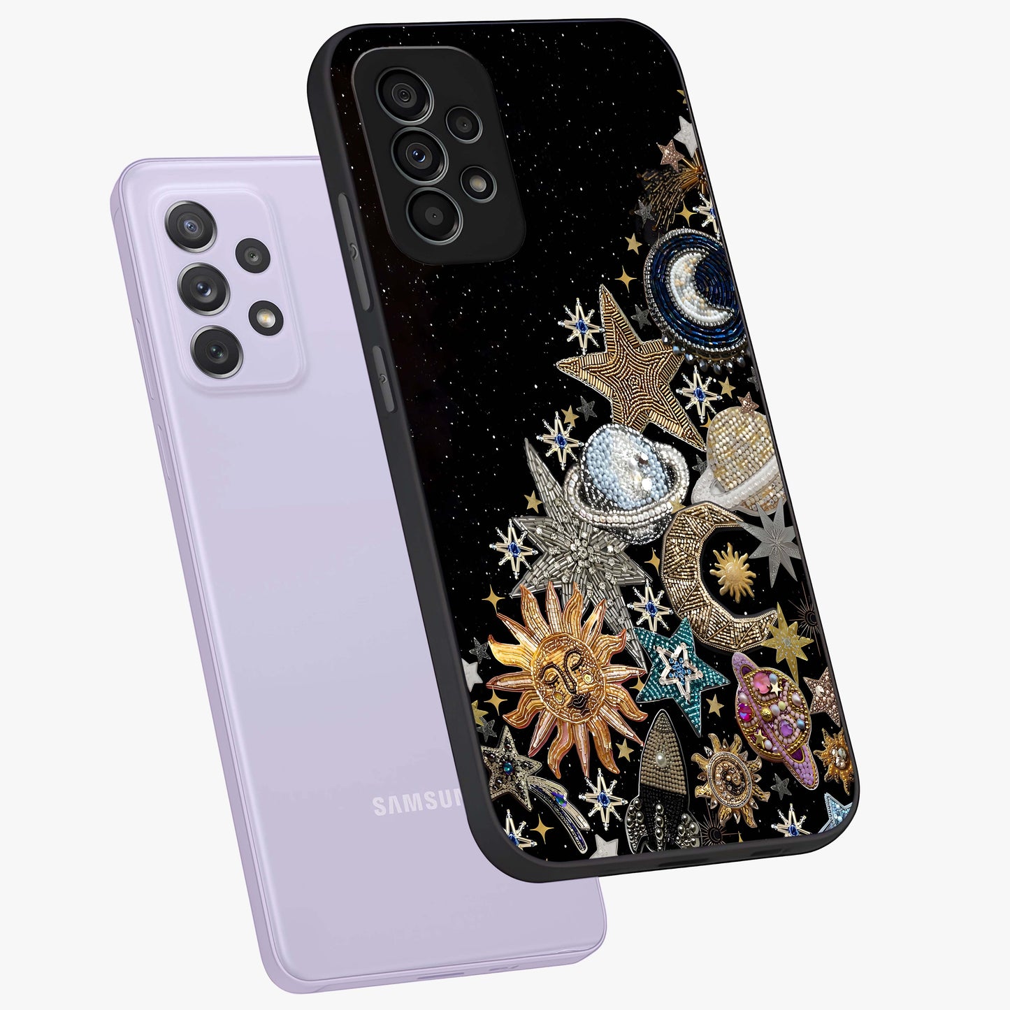 Cosmic Sparkle Dreams Glass Case displayed in angled mockup highlighting dreamy star sparkle design with celestial aesthetic.