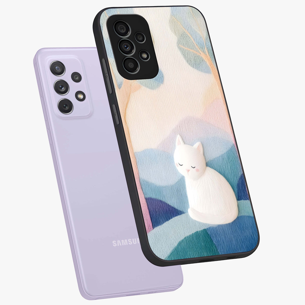 Cotton Dream Cat Glass Case displayed in angled mockup highlighting cute feline illustration with pastel aesthetic style.