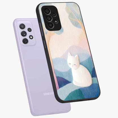 Cotton Dream Cat Glass Case displayed in angled mockup highlighting cute feline illustration with pastel aesthetic style.