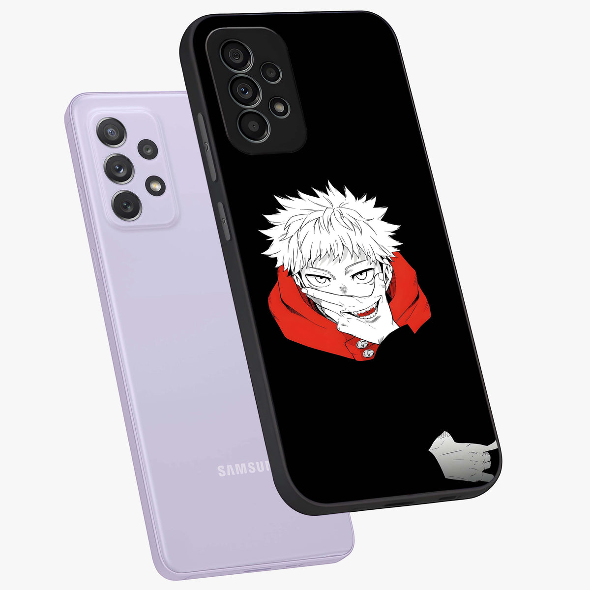 Crimson Chaos Smile Glass Case displayed in angled mockup highlighting edgy crimson smile design with graphic aesthetic.