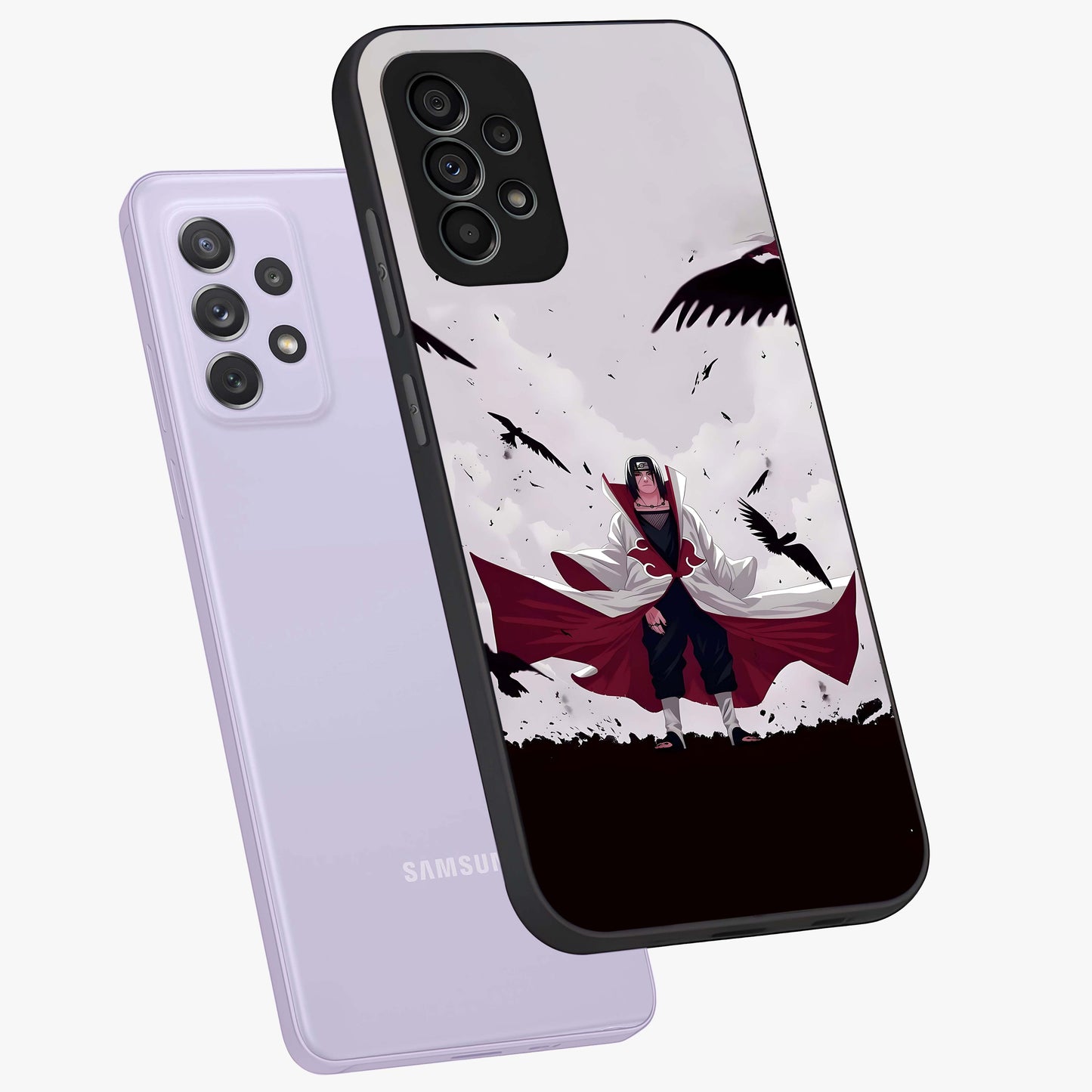 Crimson Crow Ascension Glass Case displayed in angled mockup highlighting powerful crow illustration with dark crimson aesthetic.