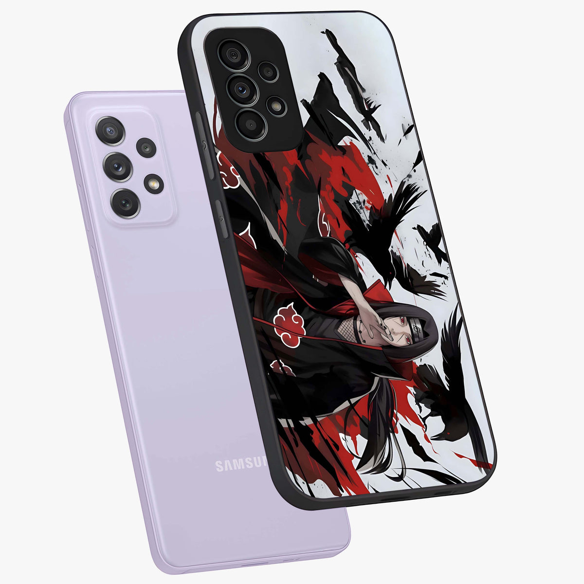 Crimson Crow Illusion Glass Case displayed in angled mockup highlighting mysterious crow graphic with dark aesthetic style.