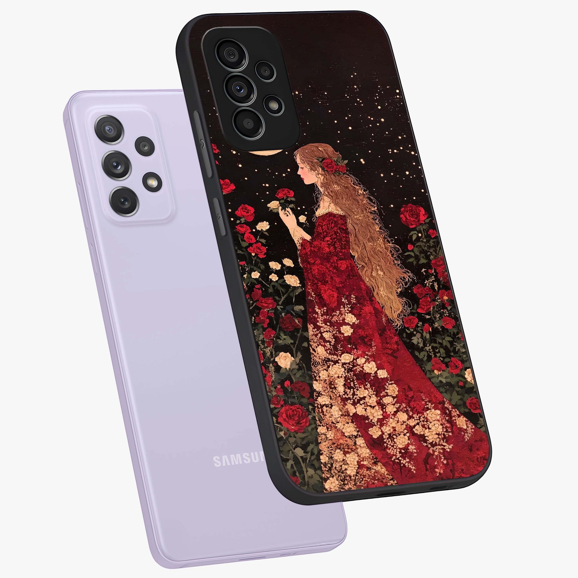Crimson Dreams Glass Case displayed in angled mockup highlighting soft crimson aesthetic design with artistic theme.